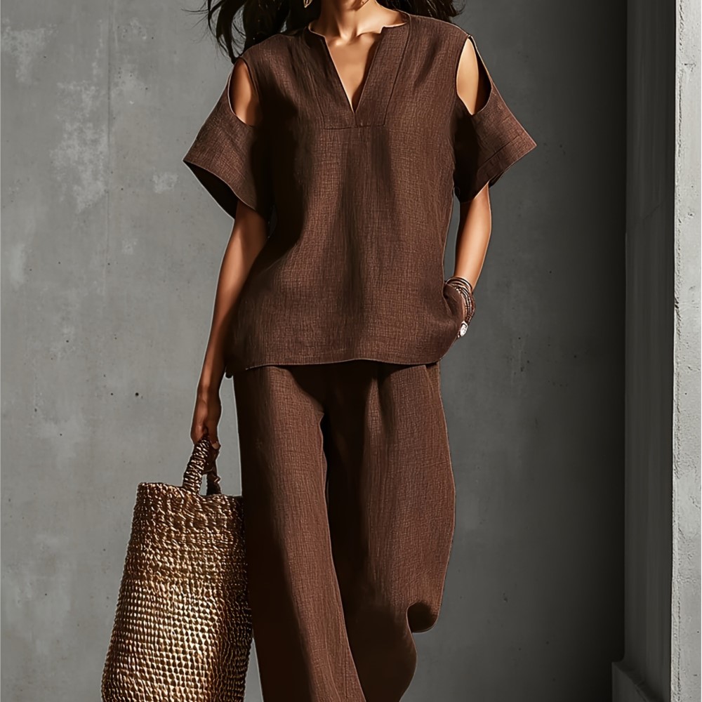Linen Pant Wide - Damski, jednolity kolor, prosty lniany dwuczęściowy