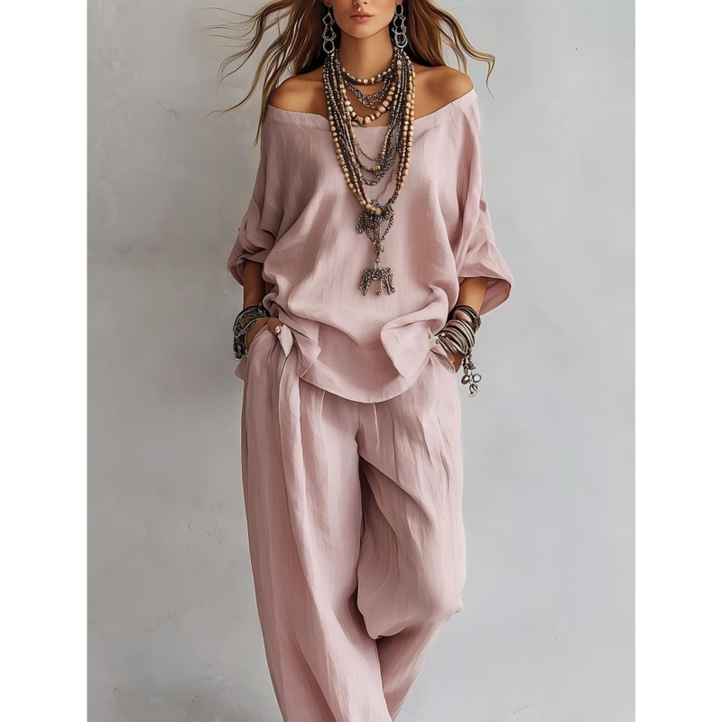 Linen Pant Wide - Letni, luźny, lniany damski komplet dwuczęściowy: