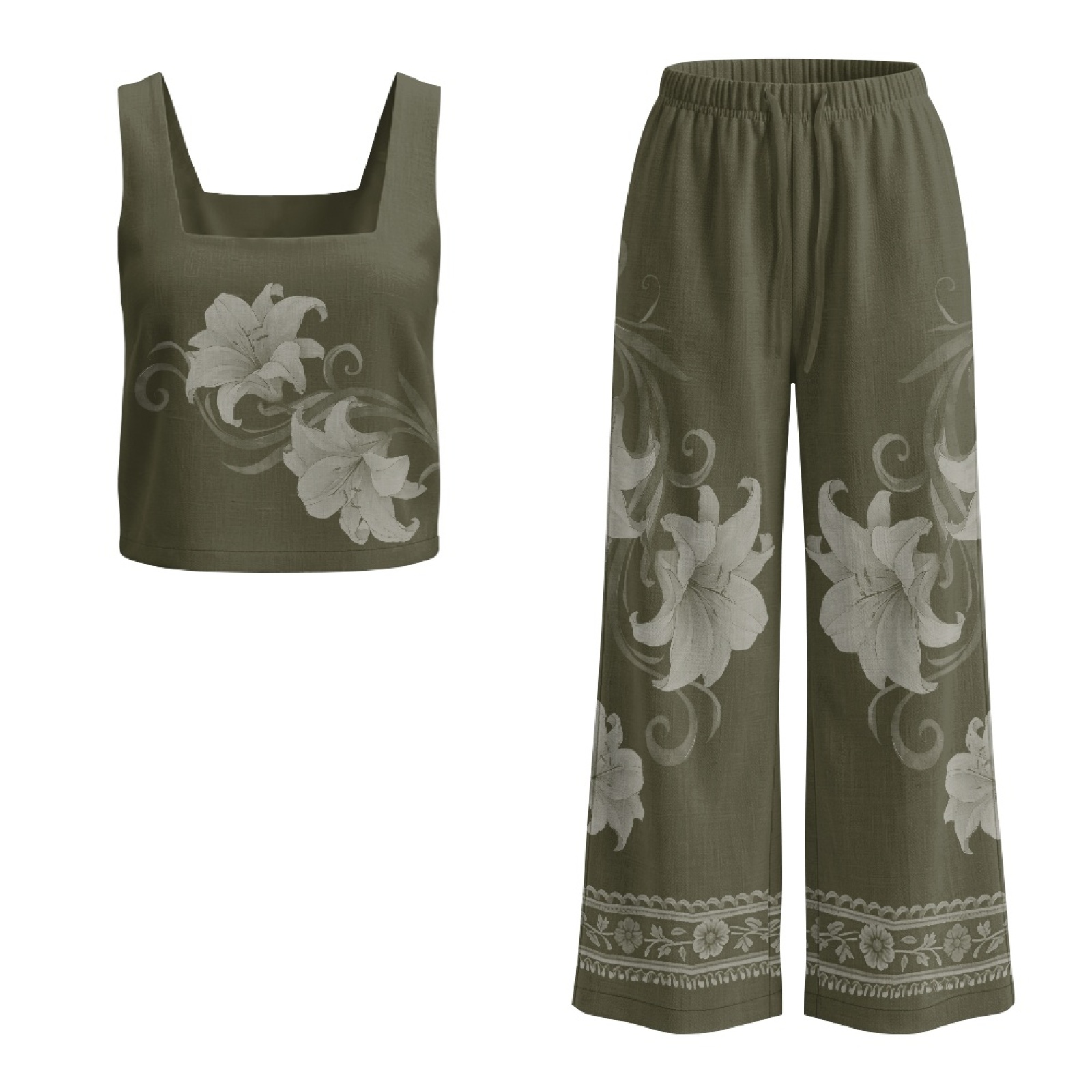 Linen Pant Wide - INSTANTARTS Damski lniany zestaw: kamizelka i